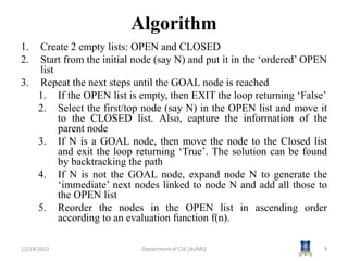 Algorithm
1. Create 2 empty lists: OPEN and CLOSED
2. Start from the initial node (say N) and put it in the ‘ordered’ OPEN
list
3. Repeat the next steps until the GOAL node is reached
1. If the OPEN list is empty, then EXIT the loop returning ‘False’
2. Select the first/top node (say N) in the OPEN list and move it
to the CLOSED list. Also, capture the information of the
parent node
3. If N is a GOAL node, then move the node to the Closed list
and exit the loop returning ‘True’. The solution can be found
by backtracking the path
4. If N is not the GOAL node, expand node N to generate the
‘immediate’ next nodes linked to node N and add all those to
the OPEN list
5. Reorder the nodes in the OPEN list in ascending order
according to an evaluation function f(n).
11/14/2023 9
Department of CSE (AI/ML)
 