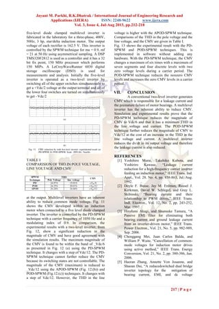 Jayant M. Parkhi, R.K.Dhatrak / International Journal of Engineering Research and
Applications (IJERA) ISSN: 2248-9622 www.ijera.com
Vol. 3, Issue 4, Jul-Aug 2013, pp.212-218
217 | P a g e
five-level diode clamped multilevel inverter is
fabricated in the laboratory for a three-phase, 400V,
50Hz, 3 hp, star/delta induction motor. The output
voltage of each rectifier is 162.5 V. This inverter is
controlled by the SPWM technique for ma = 0.9, mf
= 21 at 50 Hz using asymmetrical sampling. A DSP
TMS320F2812 is used as a controller and it has a 32
bit fix point, 150 MHz processor which performs
150 MIPs. A LeCroyWaveRunner 6030 digital
storage oscilloscope (DSO) is used for
measurements and analysis. Initially the five-level
inverter is operated as a two-level inverter by
switching all of the upper switches simultaneously to
get a +Vdc/2 voltage at the output terminal and all of
the lower four switches are turned on simultaneously
to get –Vdc/2
TABLE I
COMPARISION OF THD IN POLE VOLTAGE,
LINE VOLTAGE AND CMV
at the output. Multilevel inverters have an inherent
ability to reduce common mode voltage. Fig. 11
shows the CMV developed within an induction
motor when connected to a five level diode clamped
inverter. The inverter is controlled by the PD-SPWM
technique with a carrier frequency of 1050 Hz and a
modulating index of 0.9. In comparison, the
experimental results with a two-level inverter, from
Fig. 12, show a significant reduction in the
magnitude of CMV and have good agreement with
the simulation results. The maximum magnitude of
the CMV is found to be within the band of _Vdc/6
as presented in Fig. 12 (a) using the PD-SPWM
technique. It changes with a step of Vdc/12. The PD-
SPWM technique cannot further reduce the CMV
because its switching states are not controllable. The
magnitude of the CMV (maximum) is reduced to
_Vdc/12 using the APOD-SPWM (Fig. 12.(b)) and
POD-SPWM (Fig.12.(c)) techniques. It changes with
a step of Vdc/12. However, the THD in the line
voltage is higher with the APOD-SPWM technique.
Comparisons of the THD in the pole voltage and the
line voltage, and the CMV are given in Table I.
Fig. 13 shows the experimental result with the PD-
SPWM and POD-SPWM techniques. This is
implemented in software without adding any
hardware. With the PD-SPWM technique, the CMV
changes a maximum of six times with a maximum of
seven segments and four discrete levels with two
zero voltage levels during a carrier period. The
POD-SPWM technique reduces the nonzero CMV
levels and increases the zero CMV levels in a carrier
period.
VII. CONCLUSION
A conventional two-level inverter generates
CMV which is responsible for a leakage current and
the premature failure of motor bearings. A multilevel
inverter has the inherent ability to reduce CMV.
Simulation and experimental results prove that the
PD-SPWM technique reduces the magnitude of
CMV to Vdc/6 and that it has a minimum THD in
the line voltage and current. The POD-SPWM
technique further reduces the magnitude of CMV to
Vdc/12 at the cost of an increase in the THD in the
line voltage and current. A multilevel inverter
reduces the dv/dt in its output voltage and therefore
the leakage current is also reduced.
REFERENCES
[1] Yoshihiro Murai, Takehiko Kubota, and
Yoshiriro Kawase, “Leakage current
reduction for a high-frequency carrier inverter
feeding an induction motor,” IEEE Trans. Ind.
Appl., Vol. 28. No. 4, pp. 858-863, Jul./Aug.
1992.
[2] Doyle F. Busse, Jay M. Erdman, Russel J.
Kerkman, David W. Schlegel, and Gray L.
Skibinski, “Bearing current and their
relationship to PWM drives,” IEEE Trans.
Indl. Electron., Vol. 12, No. 2, pp. 243-252,
Mar. 1997.
[3] Hirofumi Akagi, and Shunsuke Tamura, “A
Passive EMI filter for eliminating both
bearing current and ground leakage current
from an inverter-driven motor,” IEEE Trans.
Power Electron., Vol. 21, No. 5, pp. 982-989,
Sep. 2006.
[4] Chenggang Mei, Juan Carlos Balda, and
William P. Waite, “Cancellation of common-
mode voltages for induction motor drives
using active method,” IEEE Trans. Energy
Conversion, Vol. 21, No. 2, pp. 380-386, Jun.
2006.
[5] Haoran Zhang, Annette Von Jouanne, and
Shaoan Dai, “A reducedswitched dual bridge
inverter topology for the mitigation of
bearing current, EMI, and dc voltage
 