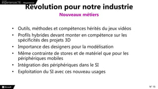 • Outils, méthodes et compétences hérités du jeux vidéos
• Profils hybrides devant monter en compétence sur les
spécificités des projets 3D
• Importance des designers pour la modélisation
• Même contrainte de stores et de matériel que pour les
périphériques mobiles
• Intégration des périphériques dans le SI
• Exploitation du SI avec ces nouveau usages
Révolution pour notre industrie
Nouveaux métiers
N° 15
 