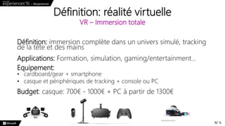 Définition: immersion complète dans un univers simulé, tracking
de la tête et des mains
Applications: Formation, simulation, gaming/entertainment…
Equipement:
• cardboard/gear + smartphone
• casque et périphériques de tracking + console ou PC
Budget: casque: 700€ - 1000€ + PC à partir de 1300€
Définition: réalité virtuelle
VR – Immersion totale
N° 5
 