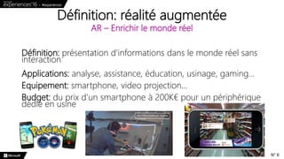 Définition: présentation d’informations dans le monde réel sans
interaction
Applications: analyse, assistance, éducation, usinage, gaming…
Equipement: smartphone, video projection…
Budget: du prix d’un smartphone à 200K€ pour un périphérique
dédié en usine
Définition: réalité augmentée
AR – Enrichir le monde réel
N° 6
 