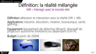 Définition détection et interaction avec la réalité (VR + AR)
Applications industrie, éducation, création, bureautique, santé,
gaming…
Equipement équipement de détection (Kinect), dispositif de
projection autonome (Hololens) ou dépendant d’un PC
Budget à partir de 2600€
Définition: la réalité mélangée
MR – Interagir avec le monde réel
N° 7
 