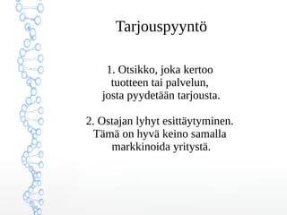 ղǳܲԳö
1. Otsikko, joka kertoo
tuotteen tai palvelun,
josta pyydetään tarjousta.
2. Ostajan lyhyt esittäytyminen.
Tämä on hyvä keino samalla
markkinoida yritystä.
 
