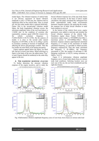 Luo Yun et al Int. Journal of Engineering Research and Applications
ISSN : 2248-9622, Vol. 4, Issue 1( Version 1), January 2014, pp.201-205
modal figure. The vibration response of vehicle body
is not obvious; maximum of lateral vibration
amplitude is only 1.27760 mm; the vibration had no
significant effect on the vehicle body. Thus, in actual
use, the first order modal often is ignored artificially.
Figure 2(b) is the second-order vibration modal
figure, the body longitudinal vibration occurs; the
maximum amplitude value of the roof local places is
1.26280 mm. In the condition of common idle
(automobile common speed (850±50) r/min)) [16],
the
vehicle
excitation
frequency
is
f=(850±50)/60×2=28.33±1.67Hz. By the analysis of
modal, it is close to the second order natural
frequency of 28.914Hz, so the car in idling is prone
to resonance, resulting to increase of amplitude, and
affecting the driver and passenger comfort. Thus the
two modes are most likely to be human perception.
Figure captions appear below the figure, are flush
left, and are in lower case letters. When referring to a
figure in the body of the text, the abbreviation "Fig."
is used. Figures should be numbered in the order they
appear in the text.

4. THE HARMONIC RESPONSE ANALYSIS
To further determine the structure vibration
response of the engine incentive, and to study the

www.ijera.com

forced vibration response law of the auto body sheets
to node environment, In the basis of above modal
calculation, this paper calculated the subsequent four
kinds superimposed nodal loads environments
harmonic response analysis. By analyzing the results,
the response law of body forced vibration in node
load condition is recived.
In the bottom of the vehicle front cover, engine
parameters were added to motivate and simulate the
forced vibration response of the vehicle body.
Simulation engine chose Toyota 3VZ-FE. The
maximum output torque is 195/4400Ft.Lbs/r.Min-1;
maximum power is 185/5200Hp/r.Min-1. When
harmonic response analysis superimposed calculated
frequency is 1.5 times of the maximum of modal
calculated frequency, it is possible to obtain accurate
frequency response[10]. Thus this study calculated
the frequency is (0~100Hz); the frequency
increments is 1Hz; the number of sub-steps is 100.
Damping coefficient is 0.0279; testing resistance is
260N.s / m [17].
Figure 4 is deformation vibration amplitude
frequency curve of auto body sheets focus on various
node load conditions. Selecting location were car
roof, rear of the car, the car front windshield and the
right door beams.

Fig. 4 Deformation vibration amplitude-frequency curve of auto body sheets focus on various node load

www.ijera.com

203 | P a g e

 