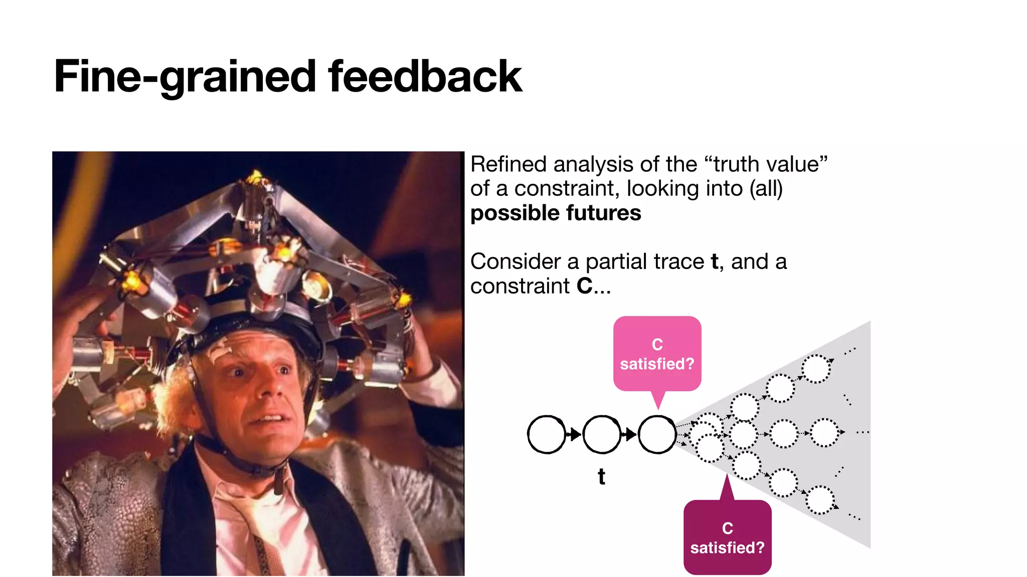 Fine-grained feedback
Re
fi
ned analysis of the “truth value”
of a constraint, looking into (all)
possible futures
Consider a partial trace t, and a
constraint C...
…
…
…
t
C
satis
fi
ed?
…
…
C
satis
fi
ed?
 