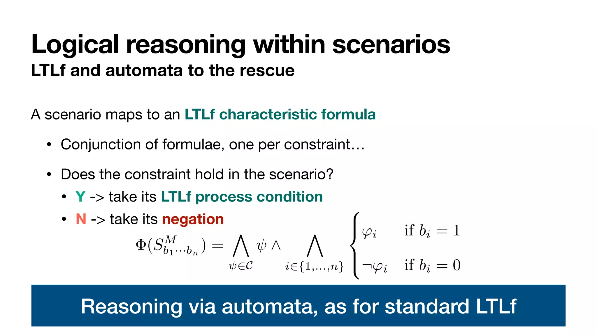 Logical reasoning within scenarios
LTLf and automata to the rescue
To answer such questions, we provide a logical characterization of scenarios.
First and foremost, we introduce a characteristic LTLf formula for a scenario:
a trace belongs to a scenario if and only if the trace satisfies the characteristic
formula of the scenario.
Definition 15. Let M = 〈Σ, C, 〈〈ϕ1, ⊲⊳1, p1〉, . . . , 〈ϕn, ⊲⊳n, pn〉〉〉 be ProbDe-
clare model. The characteristic formula induced by a scenario SM
b1···bn
over
M, compactly called SM
b1···bn
-formula, is the LTLf formula
Φ(SM
b1···bn
) =
'
ψ∈C
ψ ∧
'
i∈{1,...,n}
(
)
*
)
+
ϕi if bi = 1
¬ϕi if bi = 0
(8)
⊳
Definition 16. A trace τ belongs to scenario SM
b1···bn
if τ |= Φ(SM
b1···bn
). Sce-
A scenario maps to an LTLf characteristic formula
• Conjunction of formulae, one per constraint…

• Does the constraint hold in the scenario?

• Y -> take its LTLf process condition
• N -> take its negation
Reasoning via automata, as for standard LTLf
 