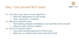 Step 1: Get yourself NLP-ready
● Your data is your asset, not your algorithms
○ Many NLP applications are data-hungry
○ Data = documents + metadata
● Make your data NLP-ready
○ Start labelling. Integrate metadating in your workflow where possible
○ Make your data machine-readable
● Build an AI-positive culture
○ Learn about possible applications of NLP and AI
○ Make your co-workers enthusiastic about NLP and AI
 