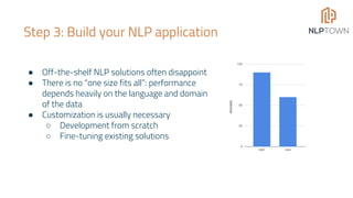 Step 3: Build your NLP application
● Off-the-shelf NLP solutions often disappoint
● There is no “one size fits all”: performance
depends heavily on the language and domain
of the data
● Customization is usually necessary
○ Development from scratch
○ Fine-tuning existing solutions
 