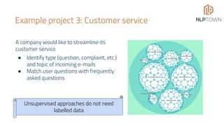Example project 3: Customer service
A company would like to streamline its
customer service
● Identify type (question, complaint, etc.)
and topic of incoming e-mails
● Match user questions with frequently
asked questions
Unsupervised approaches do not need
labelled data
 