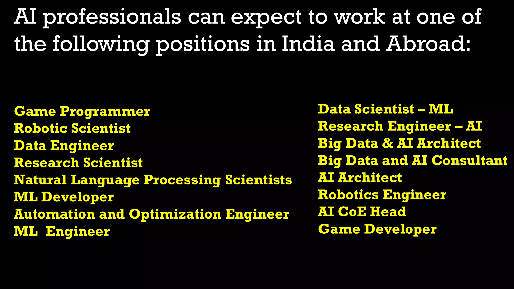 AI professionals can expect to work at one of
the following positions in India and Abroad:
Game Programmer
Robotic Scientist
Data Engineer
Research Scientist
Natural Language Processing Scientists
ML Developer
Automation and Optimization Engineer
ML Engineer
Data Scientist – ML
Research Engineer – AI
Big Data & AI Architect
Big Data and AI Consultant
AI Architect
Robotics Engineer
AI CoE Head
Game Developer
 