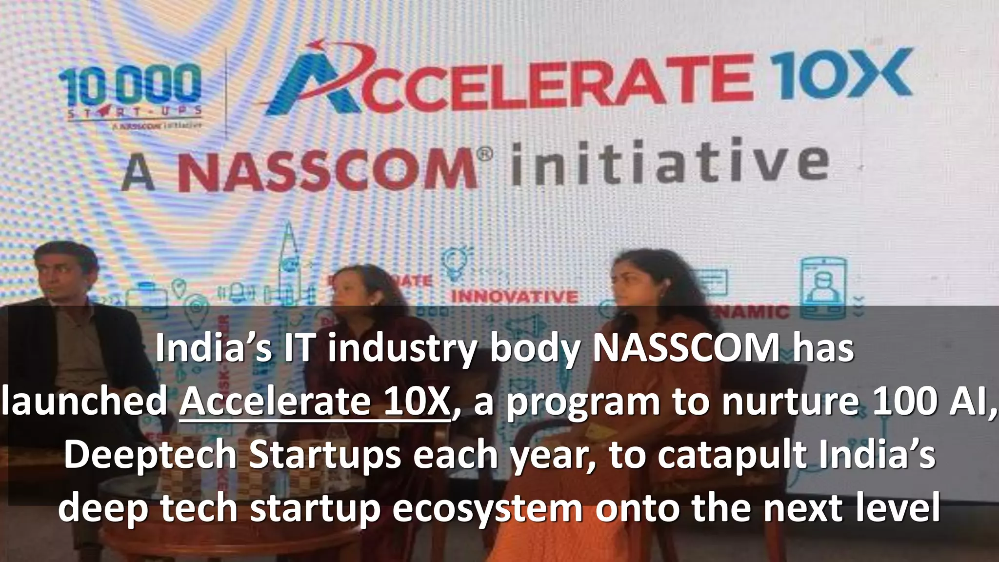 India’s IT industry body NASSCOM has
launched Accelerate 10X, a program to nurture 100 AI,
Deeptech Startups each year, to catapult India’s
deep tech startup ecosystem onto the next level
 