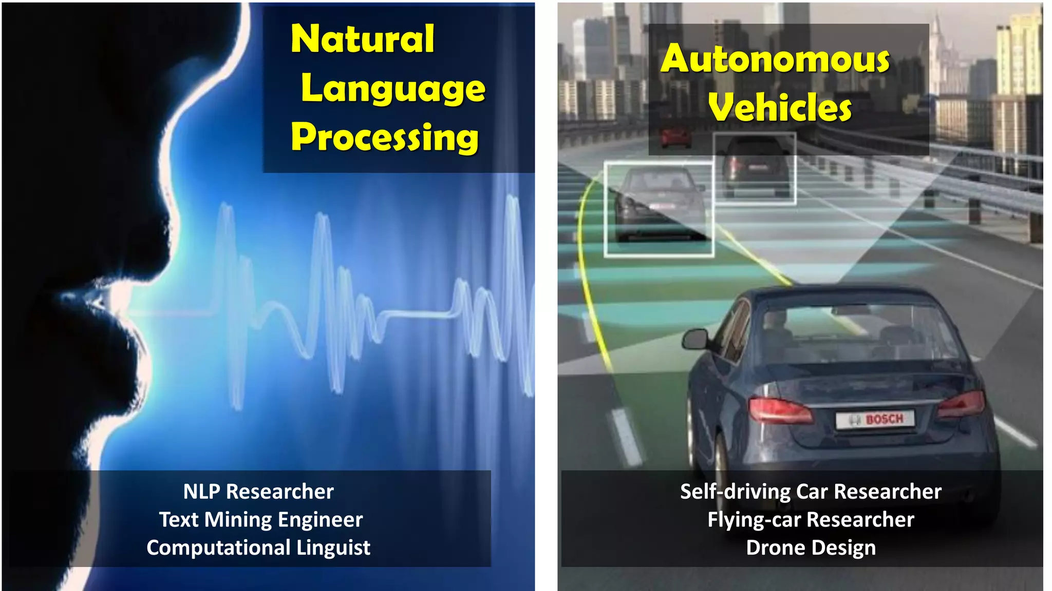 Natural
Language
Processing
Autonomous
Vehicles
NLP Researcher
Text Mining Engineer
Computational Linguist
Self-driving Car Researcher
Flying-car Researcher
Drone Design
 