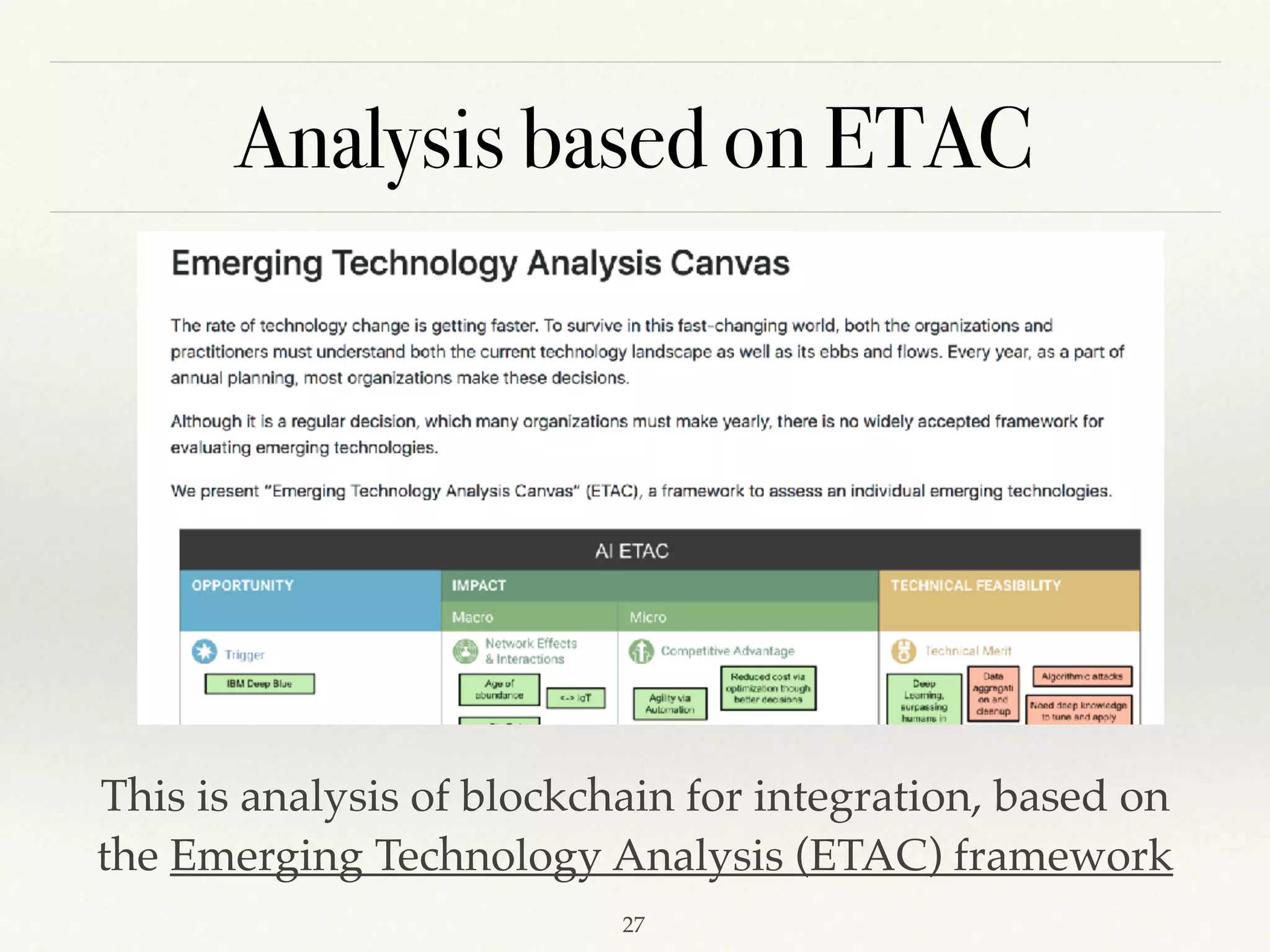 Analysis based on ETAC
!27
This is analysis of blockchain for integration, based on
the Emerging Technology Analysis (ETAC) framework
 