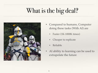 What is the big deal?
• Compared to humans, Computer
doing these tasks (With AI) are
• Faster (1K-1000K times)
• Cheaper to replicate
• Reliable
• AI ability to learning can be used to
extrapolate the future
!6
 