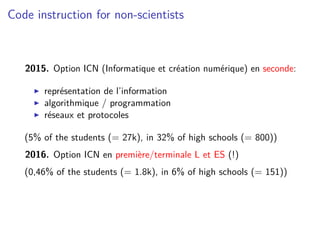 Code instruction for non-scientists
2015. Option ICN (Informatique et création numérique) en seconde:
représentation de l’...