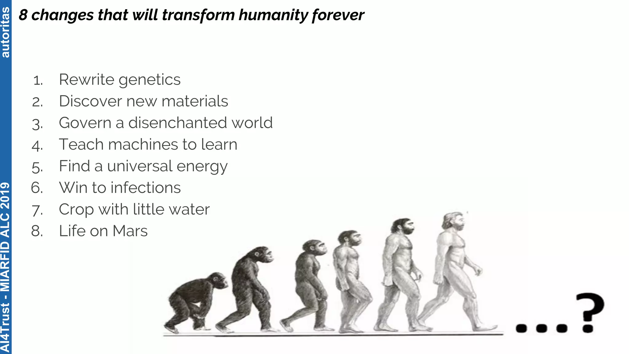 AI4Trust-MIARFIDALC2019autoritas
8 changes that will transform humanity forever
1. Rewrite genetics
2. Discover new materials
3. Govern a disenchanted world
4. Teach machines to learn
5. Find a universal energy
6. Win to infections
7. Crop with little water
8. Life on Mars
 