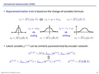 Algorithmic Intelligence Lab
• Reparameterization trick is based on the change-of-variables formula:
• Latent variable can be similarly parameterized by encoder network:
Variational Autoencoder (VAE)
10
scaling shifting
 
