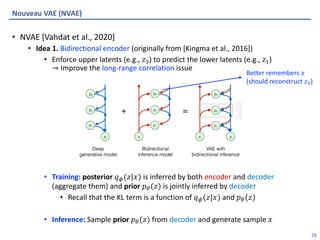 Algorithmic Intelligence Lab
• NVAE [Vahdat et al., 2020]
• Idea 1. Bidirectional encoder (originally from [Kingma et al., 2016])
• Enforce upper latents (e.g., 𝑧*) to predict the lower latents (e.g., 𝑧+)
→ Improve the long-range correlation issue
• Training: posterior 𝑞!(𝑧|𝑥) is inferred by both encoder and decoder
(aggregate them) and prior 𝑝'(𝑧) is jointly inferred by decoder
• Recall that the KL term is a function of 𝑞!(𝑧|𝑥) and 𝑝'(𝑧)
• Inference: Sample prior 𝑝'(𝑧) from decoder and generate sample 𝑥
Nouveau VAE (NVAE)
26
Better remembers 𝑥
(should reconstruct 𝑧!)
 