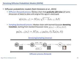 Algorithmic Intelligence Lab
• Diffusion probabilistic models [Sohl-Dickstein et al., 2015]
• Diffusion (forward) process: Markov chain that gradually add noise (of same
dimension of data) to data until original the signal is destroyed
• Sampling (backward) process: Markov chain with learned Gaussian denoising
transition, starting from standard Gaussian noise
Denoising Diffusion Probabilistic Models (DDPM)
29
Diffusion process (forward)
Denoising/sampling (reverse)
 