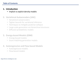 Algorithmic Intelligence Lab
1. Introduction
• Implicit vs explicit density models
2. Variational Autoencoders (VAE)
• Variational autoencoders
• Tighter bounds for variational inference
• Techniques to mitigate posterior collapse
• Large-scale generation via hierarchical structures
• Diffusion probabilistic models
3. Energy-based Models (EBM)
• Energy-based models
• Score matching generative models
4. Autoregressive and Flow-based Models
• Autoregressive models
• Flow-based models
Table of Contents
3
 