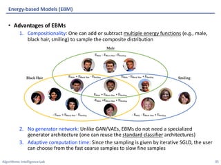 Algorithmic Intelligence Lab
• Advantages of EBMs
1. Compositionality: One can add or subtract multiple energy functions (e.g., male,
black hair, smiling) to sample the composite distribution
2. No generator network: Unlike GAN/VAEs, EBMs do not need a specialized
generator architecture (one can reuse the standard classifier architectures)
3. Adaptive computation time: Since the sampling is given by iterative SGLD, the user
can choose from the fast coarse samples to slow fine samples
Energy-based Models (EBM)
35
 