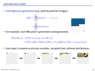 Algorithmic Intelligence Lab
• Autoregressive generation (e.g., pixel-by-pixel for images) :
• For example, each RBG pixel is generated autoregressively:
• Each pixel is treated as discrete variables, sampled from softmax distributions:
Autoregressive models
44
 
