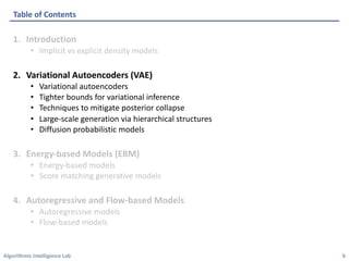 Algorithmic Intelligence Lab
1. Introduction
• Implicit vs explicit density models
2. Variational Autoencoders (VAE)
• Variational autoencoders
• Tighter bounds for variational inference
• Techniques to mitigate posterior collapse
• Large-scale generation via hierarchical structures
• Diffusion probabilistic models
3. Energy-based Models (EBM)
• Energy-based models
• Score matching generative models
4. Autoregressive and Flow-based Models
• Autoregressive models
• Flow-based models
Table of Contents
6
 