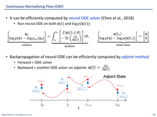 Algorithmic Intelligence Lab
• It can be efficiently computed by neural ODE solver [Chen et al., 2018]
• Run neural ODE on both 𝐳(𝑡) and log 𝑝(𝐳(𝑡))
• Backpropagation of neural ODE can be efficiently computed by adjoint method
• Forward = ODE solver
• Backward = another ODE solver on adjoints
Continuous Normalizing Flow (CNF)
60
 