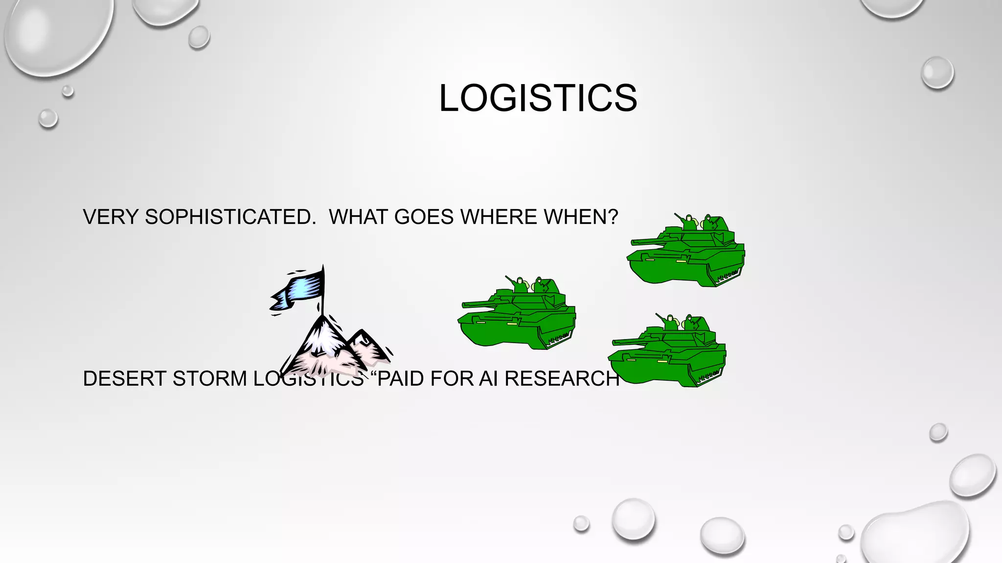 LOGISTICS
VERY SOPHISTICATED. WHAT GOES WHERE WHEN?
DESERT STORM LOGISTICS “PAID FOR AI RESEARCH”
 