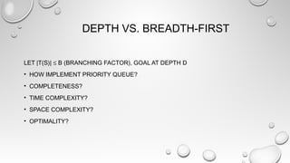 DEPTH VS. BREADTH-FIRST
LET |T(S)| ≤ B (BRANCHING FACTOR), GOAL AT DEPTH D
• HOW IMPLEMENT PRIORITY QUEUE?
• COMPLETENESS?
• TIME COMPLEXITY?
• SPACE COMPLEXITY?
• OPTIMALITY?
 