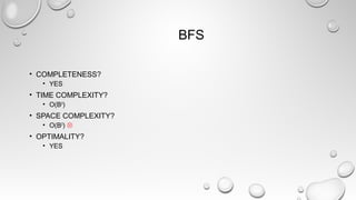 BFS
• COMPLETENESS?
• YES
• TIME COMPLEXITY?
• O(BD
)
• SPACE COMPLEXITY?
• O(BD
) 
• OPTIMALITY?
• YES
 