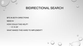 BIDIRECTIONAL SEARCH
BFS IN BOTH DIRECTIONS
NEED N-1
HOW COULD THIS HELP?
• BL
VS 2BL/2
WHAT MAKES THIS HARD TO IMPLEMENT?
 
