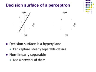 Decision surface of a perceptron
 Decision surface is a hyperplane
 Can capture linearly separable classes
 Non-linearly separable
 Use a network of them
 