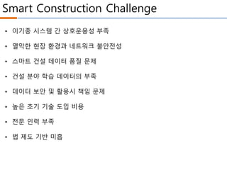 Smart Construction Challenge
• 이기종 시스템 간 상호운용성 부족
• 열악한 현장 환경과 네트워크 불안전성
• 스마트 건설 데이터 품질 문제
• 건설 분야 학습 데이터의 부족
• 데이터 보안 및 활용시 책임 문제
• 높은 초기 기술 도입 비용
• 전문 인력 부족
• 법 제도 기반 미흡
 
