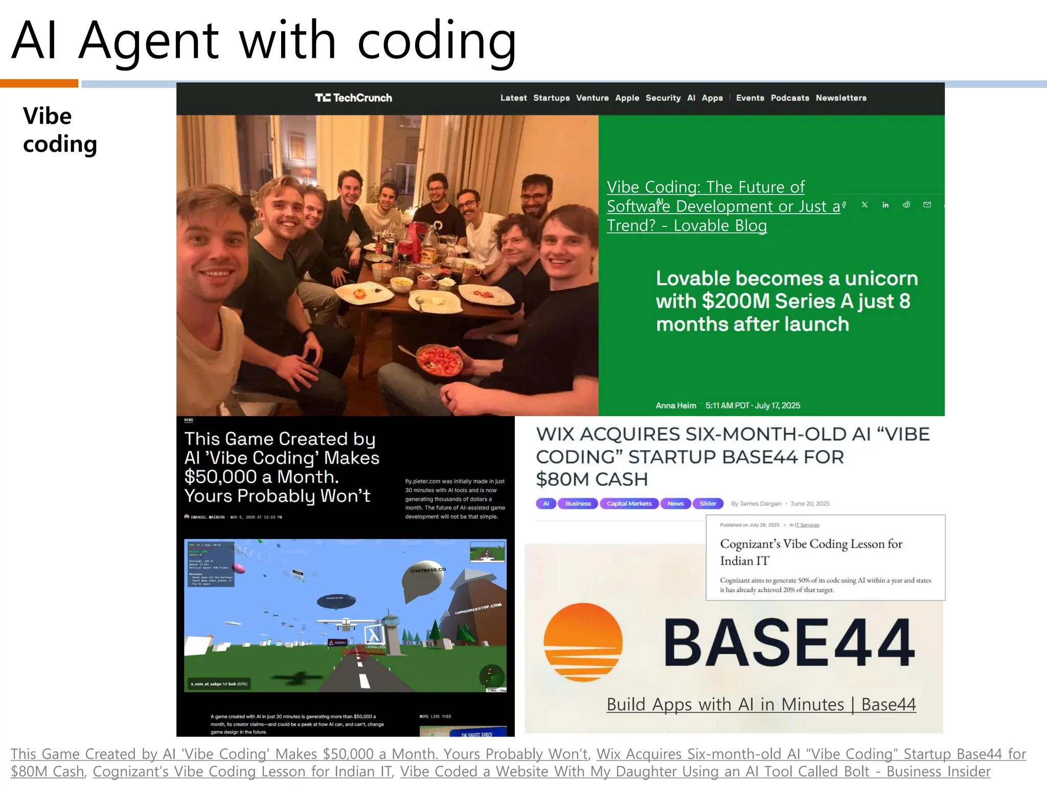AI Agent with coding
Vibe
coding
This Game Created by AI 'Vibe Coding' Makes $50,000 a Month. Yours Probably Won’t, Wix Acquires Six-month-old AI “Vibe Coding” Startup Base44 for
$80M Cash, Cognizant’s Vibe Coding Lesson for Indian IT, Vibe Coded a Website With My Daughter Using an AI Tool Called Bolt - Business Insider
Vibe Coding: The Future of
Software Development or Just a
Trend? - Lovable Blog
Build Apps with AI in Minutes | Base44
 