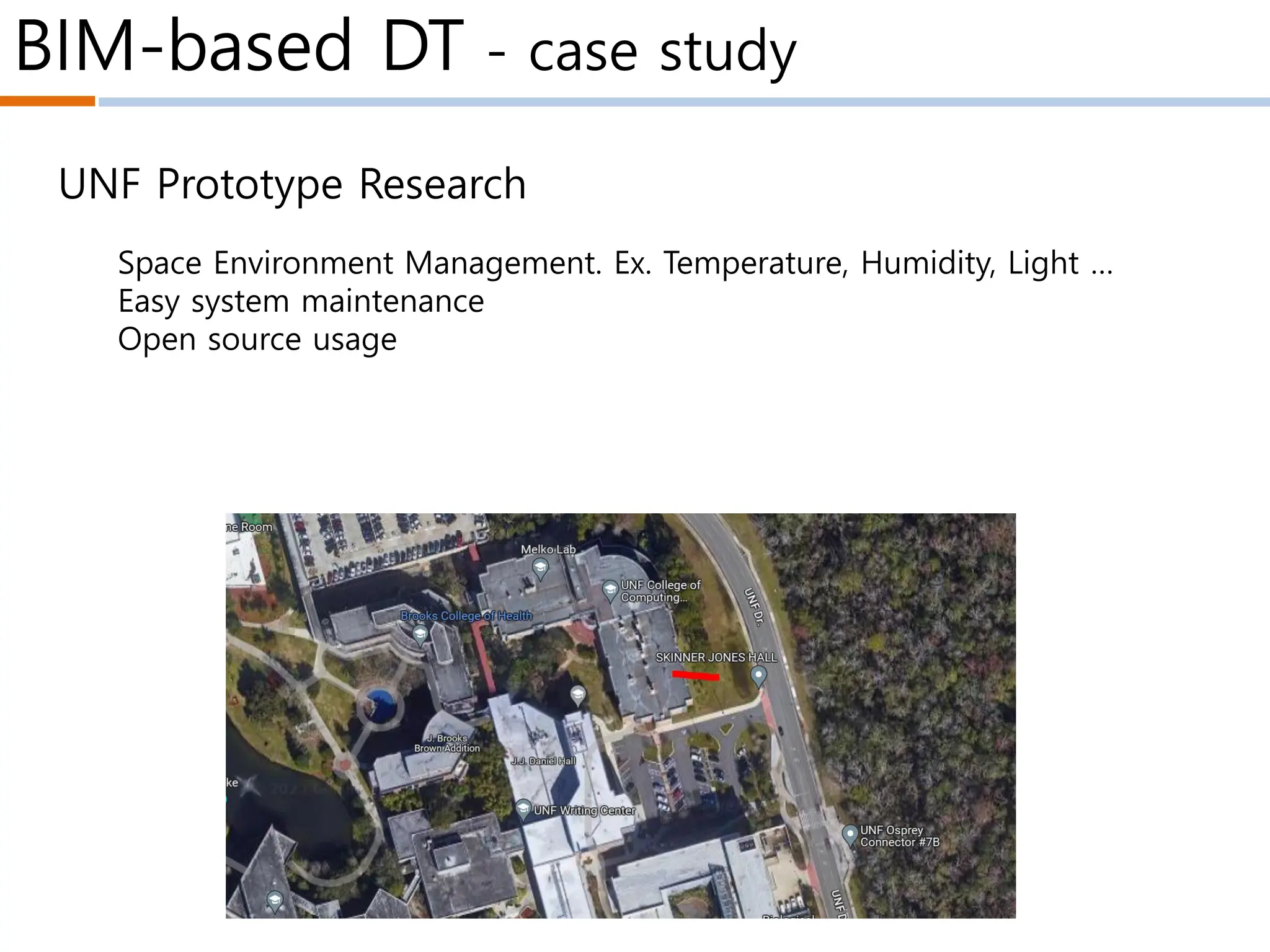 BIM-based DT - case study
Space Environment Management. Ex. Temperature, Humidity, Light …
Easy system maintenance
Open source usage
UNF Prototype Research
 