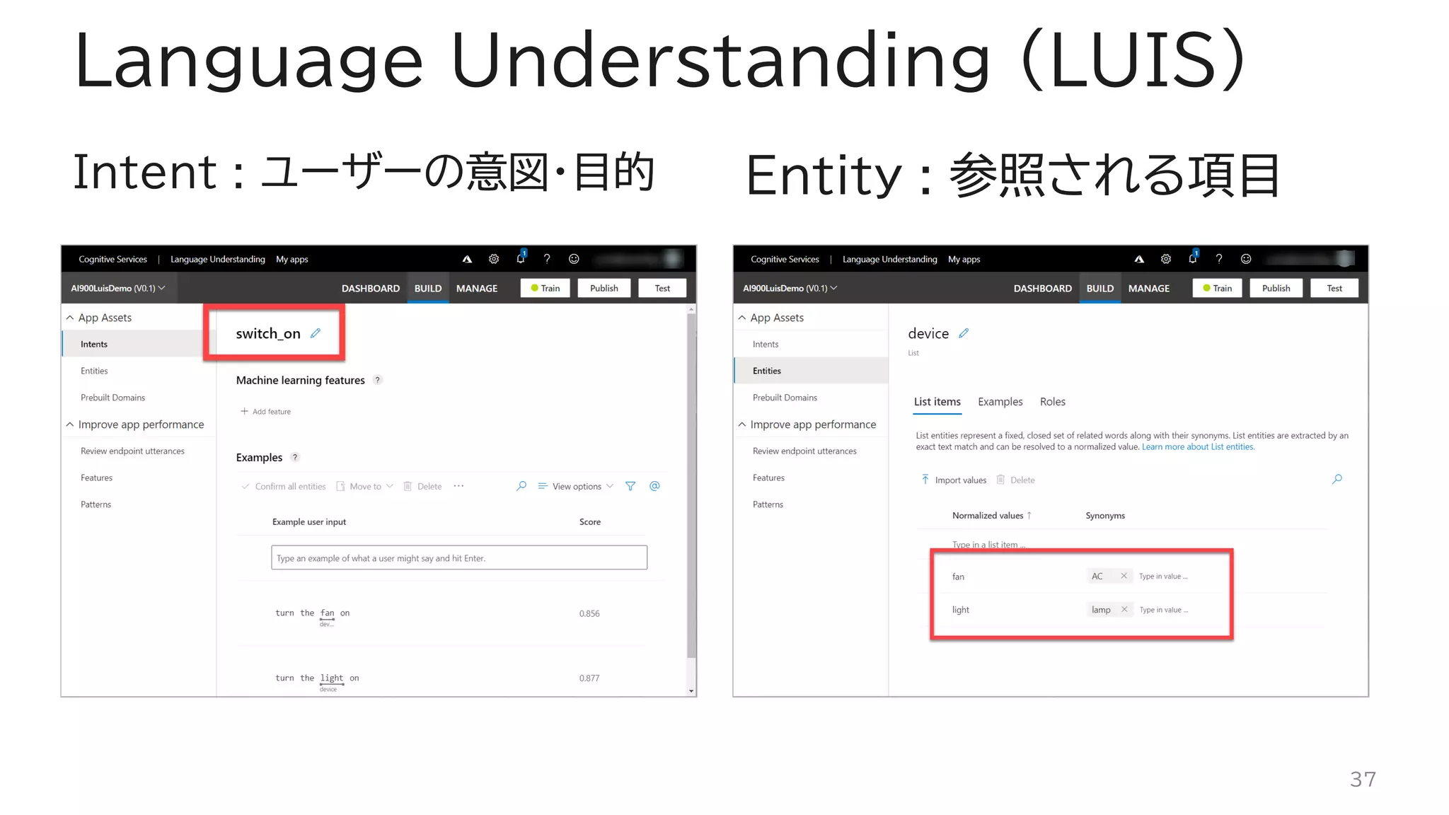 Intent : ユーザーの意図・目的 Entity : 参照される項目
Language Understanding (LUIS)
37
 