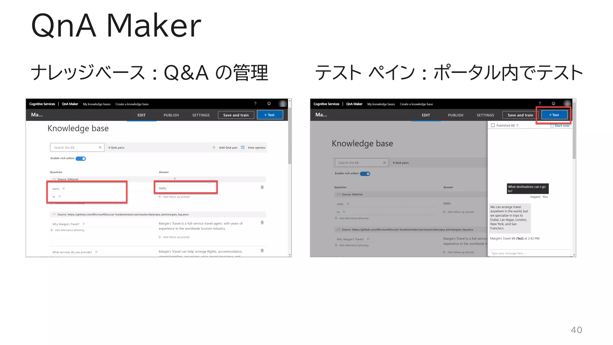 ナレッジベース : Q&A の管理 テスト ペイン : ポータル内でテスト
QnA Maker
40
 