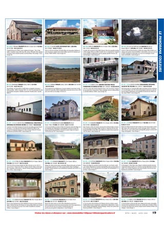 20 CORSE 25 SAGONE HOTEL RESTAURANT BAR 3 000 000€
Ref: C754827 - 06.83.71.78.29

20 CORSE PORTICCIO MAISON F9 291 m² Terrain: 2400 m² 850 000€
Ref: 713516 - 04.95.25.41.41

20 CORSE STE LUCIE DE PORTO VECCHIO MAISON F11 450 m²
Terrain: 5000 m² 1 300 000€ Ref: 816881 - 04.99.74.74.75

Chapelle Romane du 18ème, centre médiéval de Treignac. 100 m² habitables. 3 chambres, salon, salle d'eau, WC, cuisine. Petit jardin. Bien atypique
à restaurer. Toutes activités possible, sauf discothèque. Site protégé. / classe
énergie: NC

Situé sur site très touristique, très belle affaire de restauration hôtellerie et
sans concurrence, vendue cause retraite. Affaire saine de 32 chambres sur 1
Hectare. FONDS+MURS / classe énergie: NC

A vendre villa ou partie de villa Golfe d'Ajaccio, Rive Sud. propriété standing
à 300 m plages, 291m² sur 2400 m² arboré, clos. se composant de 3 appartements meublés et indépendants, piscine, garages, grandes terrasses, vue
mer/montagne. / classe énergie: B

Favone. A 25km de Porto Vecchio, et 500m de la plage. Villa de 450m² sur 2
niveaux. Avec piscine. Terrain de 5000m². Calme absolu, aucun vis-à-vis, vue
de 360° magnifique et imprenable sur la mer et la montagnes. Proche
toutes commodités. / classe énergie: D

20 CORSE PROPRIANO TERRAIN Surface: 3000 m² 324 000€
Ref: 813950 - 06.87.48.52.25

20 CORSE CORBARA TERRAIN Surface: 2200 m² 800 000€ Ref: 814350
- 06.03.92.89.65

21 COTE - D'OR ARNAY LE DUC LIBRAIRIE PAPETERIE PRESSE
FOURNITURES DE BUREAU 60 000€ Ref: C502626 - 03.80.84.80.85

21 COTE - D'OR LA ROCHE EN BRENIL BOULANGERIE, PATISSERIE,
SALON DE THE 290 000€ Ref: C504115 - 06.62.02.05.08

Site privilégié, vue imprenable sur golfe Valinco et Aiguilles de Bavella, 2
belles parcelles : 3000 m² chacune, 108 E / m², COS 0.25 permettant de créer
une propriété d'exception.Viabilités à proximité. Possible achat 1 parcelle
6000 m².

Site exceptionnel et privilégié pour ce terrain viabilisé et situé dans un lotissement de 16 parcelles. Marina résidentielle et sécurisée. Vue sur mer à 180°
avec accès direct sur les plages. COS de 0,10.

Côte d'Or; centre ville, Librairie Papeterie Presse ,sans concurrence, magasin
de carractère 90 m² réserve 60 m² rideau métalique, alarme et télésurveillance, clientèle fidèlIS2E. FONDS / classe énergie: NC

Dans bourg situé sur l'ancienne RN6, région touristique du Parc du Morvan,
à 15 mn de Saulieu et de l'A6, fonds de boulangerie, patisserie et salon de
thé tenu depuis 4 générations avec posibilité d'achat de murs. Affaire trés
bien située FONDS / classe énergie: NC

21 COTE - D'OR A 12 KM DE DOLE COMMERCIALE, INDUSTRIELLE,
ARTISANALE OU STOCKAGE 360 000€ Ref: C505641 - 06.64.46.38.68

21 COTE - D'OR VEUXHAULLES S/AUBE MAISON F9 234 m²
Terrain: 1180 m² 70 000€ Ref: 800489 - 06.87.11.27.25

21 COTE - D'OR MAGNIEN VIAGER F5 137 m² Terrain: 3925 m² 85 000€
Ref: 817854 - 03.80.90.10.22

21 COTE - D'OR NOLAY MAISON F4 102 m² 106 000€ Ref: 817304 03.80.21.72.74

A environ 10 mn Dole, Auxonne et St Jean de Losne (plus grand port fluvial
de France), 15 mn Dijon par A39, batiment industriel de 1660 m² avec
4 quais de chargement, bureaux, etc. Valeur locative 4194,37E TTC/mois.
Nombreuses possibilités MURS / classe énergie: NC

A 20 mn de Chatillon-sur-Seine et 40mn de Chaumont, dans joli village, maison habitable avec dépendances aménageables et terrain au centre du
bourg. Nombreuses possibilités commerce ou autres région de chasse à
1h30 de Paris par TGV / classe énergie: F

Dans l'Auxois, à 20mn de l'entrée autoroute A6 et A38 de Pouilly en Auxois.
A 5mn de toutes commodités. Viager occupé sur 2 têtes 80 et 82 ans avec
bouquet 85 000E et rente 900e / mois. Maison en parfait état sur grand terrain clos arboré / classe énergie: NC

Maison de village rénovée de style rustique au centre bourg toutes commodités. Séjour avec cheminée pierre, cuisine aménagée chêne, 3 chambres,
salle d'eau, wc. Cave voutée, grenier aménageable, garage en annexe 62m².
Etage aménageable. / classe énergie: E

21 COTE - D'OR ST PRIX LES ARNAY MAISON F4 102 m² Terrain: 3000 m²
190 000€ Ref: 814747 - 06.07.53.50.94

21 COTE - D'OR DRAMBON MAISON F5 123 m² Terrain: 2600 m²
190 000€ Ref: 816498 - 06.74.93.91.18

21 COTE - D'OR VITTEAUX MAISON F6 180 m² Terrain: 458 m² 196 000€
Ref: 8000301 - 03.80.49.62.56

21 COTE - D'OR BEZE MAISON F9 240 m² Terrain: 628 m² 210 000€
Ref: 800484 - 03.80.75.36.88

Côte d'Or, St Prix Les Arnay. Pavillon de 1960 / 80 sans vis à vis, 102 m² +
sous-sol 163 m². Terrain clos 3300 m². Maison rénovée. Séjour, cuisine équipée, 3 chambres, salle de bains + douche. Terrasse, hangar. Autoroute A6 /
A15 à 19 km. / classe énergie: D

Village très calme, proche toutes commodités. Maison plain pied, sur terrain
clos paysager, bordé par une rivière. Garage double. Verger. Chauffage 2
énergies. Grande véranda au sud. Parfaitement entretenue. 06.74.93.91.18. /
classe énergie: E

Maison de village de caractère en pierre de taille avec cour fermée. Jardin.
Cave voûtée. Dépendances et grenier aménageables. Dans un bourg situé à
40 mn de Dijon, 20 mn autoroute A6 et 30 mn gare TGV de Montbard ( à 1 h
de Paris). / classe énergie: D

En Bourgogne, à 20mn Dijon, dans village m médiéval propriété ancienne
comprenant maison 9 pièces sur 3 niveaux et grande dépendance transformable. Cour et jardin d'agrément avec puits tonnelle, le tout clos de murs.
Nombreuses possibilités / classe énergie: G

21 COTE - D'OR SEMUR EN AUXOIS MAISON F10 230 m² Terrain: 800 m²
249 000€ Ref: 817843 - 06.07.59.38.83

21 COTE - D'OR MONTBARD MAISON F8 221 m² Terrain: 50 m²
289 000€ Ref: 817274 - 03.80.92.11.14

21 COTE - D'OR BEAUNE MAISON F9 200 m² Terrain: 592 m² 300 000€
Ref: 814104 - 06.31.19.88.71

21 COTE - D'OR BEIRE LE FORT MAISON F16 500 m² Terrain: 2520 m²
430 000€ Ref: 806702 - 03.80.37.76.78

Dans le coeur historique de la ville médiévale de Semur-en-Auxois (site protégé) à 1h30 de Paris par TGV. Maison de charme début XVIIIe avec terrasse
et vue sur l'Armançon et les tours. Tout confort. Possibilité de chambres
d'hôtes. / classe énergie: E

Maison de maître située au centre ville de Montbard,au bord de la
rivière,comprenant ancien local commercial,séjour avec ferme apparente,salon accès terrasse vue sur la rivière,5 chambres,garage sous
porche,cour,cave grenier et dépendance / classe énergie: D

A 2 mn du centre-ville de Beaune, de l'hôpital et des Ets scolaires, maison
traditionnelle en pierre comprenant 2 appartements indépendants, 1 préau
et des combles aménageables. Parking ombragé. Grande cave voutée. Nombreuses possibilités. / classe énergie: D

A 15mn de Dijon et 20mn de Dole, dans village proche toutes commodités,
ancienne ferme parfaitement rénovée avec activité gite et chambre d'hôtes
sur terrain clos arboré avec terrasse, hangar. Activité chambres d'hôtes à développer. / classe énergie: D

Visitez les biens à distance sur : www.immobilier100pour100entreparticuliers.fr

N ° 9 1 • M A R S - A V R I L 2014

19

LE PANORAMA COULEURS

19 CORREZE TREIGNAC PROPRIETE F6 600 m² Terrain: 60 m² 120 000€
Ref: 817983 - 06.13.64.39.15

 