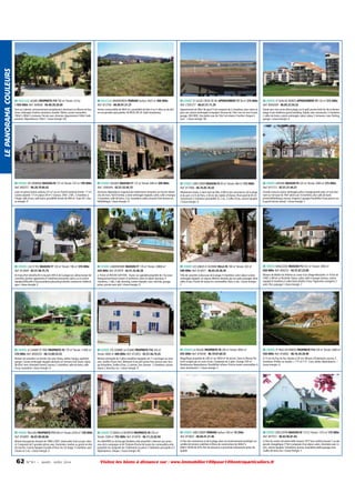 LE PANORAMA COULEURS

84 VAUCLUSE LAGNES PROPRIETE F10 700 m² Terrain: 4.4 ha
1 850 000€ Ref: 940646 - 04.90.20.30.69

84 VAUCLUSE MORMOIRON TERRAIN Surface: 4625 m² 400 000€
Ref: 813756 - 06.09.91.31.27

85 VENDEE ST GILLES CROIX DE VIE APPARTEMENT F3 58 m² 274 000€
Ref: C505377 - 06.67.21.11.29

85 VENDEE ST JEAN DE MONTS APPARTEMENT F5 120 m² 515 000€
Ref: 8000309 - 06.85.23.54.32

Face au Luberon, environnement exceptionnel, dominant sur Monts de Vaucluse, ombragée d'arbres séculaires, bastide 18ème, ancien monastère.
700m²+300m² à restaurer. Terrain avec oliveraie. Appartement 100m² indépendant. Dépendances 100m². / classe énergie: NC

Terrain constructible de 4625 m², possibilité de faire 4 ou 5 villas ou de diviser en parcelles plus petites. 04.90.61.85.24. Ideal investisseur.

Appartement de 58m² de type F3 est composé de 2 chambres, avec salon séjour, une cuisine aménagée et équipée. Terrasse de 14m² vue sur mer et port,
garage. 284 000E. Une petite cour de 10m² est située à l'arrière. Unique à
voir! / classe énergie: NC

Située face mer, accès direct plage, sur le golf, proche forêt.Au 4è et dernier
étage d'une résidence grand standing. Duplex avec mezzanine, 3 chambres,
2 salles de bains, cuisine aménagée, salon, séjour, 2 terrasses, cave. Parking,
garage. / classe énergie: D

85 VENDEE STE HERMINE MAISON F6 157 m² Terrain: 537 m² 199 000€
Ref: 800257 - 06.20.79.66.42

85 VENDEE OULMES MAISON F7 172 m² Terrain: 840 m² 200 000€
Ref: 1006444 - 02.51.52.45.15

85 VENDEE JARD S/MER MAISON F3 83 m² Terrain: 466 m² 215 000€
Ref: 817068 - 06.76.05.76.54

85 VENDEE AIZENAY MAISON F9 225 m² Terrain: 2000 m² 275 000€
Ref: 815713 - 02.51.21.44.21

aison en pierre,toiture ardoise,125 m² au sol. Portail motorisé.Entrée 17 m²,
cuisine séparée :17 m²,séjour:34 m²,1 bureau: 29m², 2 WC. 3 chambres à
l'étage. salle d'eau, salle bains. possibilité terrain de 400 m². Expo SO / classe énergie: D

Ancienne dépendance seigneuriale entièrement restaurée sur terrain arboré
clos de murs. Hall d'entrée, cuisine aménagée équipée, salon, salle à manger,
3 chambres, salle de bains, 2 wc, buanderie, palier pouvant faire bureau ou
bibliothèque / classe énergie: D

Idéalement située, à Saint Jard sur Mer, à 400 m des commerces, de la plage
et du port. A 4 h de Paris, à 30 mn des Sables d'Olonne. Plain-pied de 83 m²,
comprenant 2 chambres (possibilité 3), 2 wc, 2 salles d'eau, cuisine équipée.
/ classe énergie: G

Grande maison,cuisine aménagée,salle à manger,grand salon, le tout donnant sur terrasse de 70m² plein sud. 4 chambres avec salle de bains
privée,bibliothèque, bureau, lingerie,2 garages.Possibilité d'une piscine sur
le grand terrain arboré. / classe énergie: C

85 VENDEE L ILE D YEU MAISON F7 120 m² Terrain: 196 m² 370 000€
Ref: 813849 - 02.51.58.75.75

85 VENDEE LANDERONDE MAISON F7 170 m² Terrain: 20800 m²
420 000€ Ref: 814979 - 02.51.32.46.28

85 VENDEE LES SABLES D OLONNE VILLA F6 180 m² Terrain: 202 m²
590 000€ Ref: 814977 - 06.83.34.28.39

85 VENDEE MAILLEZAIS MAISON F12 412 m² Terrain: 3000 m²
650 000€ Ref: 800252 - 02.51.87.23.00

Ile d'yeu,Port Joinville,50 m du port,300 m de la plage,rue calme,maison de
caractère, poutres apparentes,4 chambres,mezzanine salon,s.a.m,cuisine
équipée,SDB,salle d'eau,buanderie,placards,proximité commerces médecin
gare / classe énergie: E

à 10 km LA ROCHE SUR YON - Ouest, sur agréable propriété de 2 ha (avec
étang poissonneux) maison d'architecte, salon et séjour spacieux, 4
chambres, 1 sdb, 2 sde, dressing, cuisine équipée, cave, véranda, garage,
préau, piscine avec abri / classe énergie: D

Villa de caractère à deux pas de la plage, 4 chambres, salon séjour cuisine
aménagée équipée, un espace détente véranda spa sur patio paysager, deux
salles d'eau. Proche de toutes les commodités. Rare, à voir. / classe énergie:
C

Maison de Maître du XIXème au coeur d'un village Maraîchin.A 10 km de
l'A83, à 48 km La Rochelle. Séjour, salon, salle à manger, bureau, cuisine
équipée,9 chambres,3 salles bains,4Salles d'eau. Pigeonnier, orangerie, 2
puits. Parc paysager / classe énergie: C

85 VENDEE LE CHAMP ST PERE PROPRIETE F6 170 m² Terrain: 11000 m²
370 000€ Ref: 8000293 - 06.12.89.33.53

85 VENDEE STE GEMME LA PLAINE PROPRIETE F16 350 m²
Terrain: 4600 m² 400 000€ Ref: 812853 - 02.51.56.19.25

85 VENDEE LA TAILLEE PROPRIETE F8 240 m² Terrain: 9050 m²
455 000€ Ref: 818436 - 06.19.07.60.55

85 VENDEE ST PAUL EN PAREDS PROPRIETE F14 339 m² Terrain: 3000 m²
550 000€ Ref: 816892 - 06.16.34.28.90

Maison de caractère sur terrain clos avec étang, atelier, hangar, sapinière,
garage. Cuisine aménagée équipée donnant sur terrasse Sud-Ouest, séjour
de 65m² avec cheminée (insert), bureau, 3 chambres, salle de bains, salle
d'eau, buanderie / classe énergie: D

Maison principale de 2 gîtes meublées-équipées de 11 couchages au total
avec 3salles d'eau+4wc. Bâtiment d'accueil+préau face piscine avec forage.4chambres, 3salles d'eau, 2 cuisines, 2wc.Annexe : 3 chambres, cuisine,
séjour, 2 douches, wc. / classe énergie: D

Magnifique propriété de 240 m² sur 9050 m² de terrain. Dans le Marais Poitevin Longée par un cours d'eau. Composée de 2 gîtes. Grange 330 m².
Nombreuses dépendances. Possibilités infinies. Proche toutes commodités. A
saisir absolument ! / classe énergie: F

A 15 mn du Puy du Fou, Nantes à 50 mn. Maison d'habitation, piscine, 5
chambres d'hôtes ou studios + 1 T1 et 1 T3. Cave, atelier, dépendances. /
classe énergie: A

85 VENDEE PALLUAU PROPRIETE F13 400 m² Terrain: 6230 m² 720 000€
Ref: 816895 - 06.87.80.68.86

85 VENDEE ST MARS LA REORTHE PROPRIETE F8 250 m²
Terrain: 5500 m² 755 000€ Ref: 814976 - 06.11.22.02.94

85 VENDEE JARD S/MER TERRAIN Surface: 450 m² 74 250€
Ref: 814832 - 06.60.41.21.46

86 VIENNE LENCLOITRE MAISON F8 173 m² Terrain: 1373 m² 175 000€
Ref: 807557 - 06.82.96.81.64

Maison bourgeoise rénovée de 1998 à 2007, située plein Sud sur parc arboré. Composée de 5 grandes pièces avec cheminées, marbre ou granit en état
de marche. Cuisine équipée et jardin d'hiver. Au 1er étage: 5 chambres avec
4 bains et 2 wc. / classe énergie: D

Au cur du bocage Vendéen,cette propriété s'adresse aux amoureux de la campagne et de l'histoire.Proche de toutes les commodités,cette
propriété est composée de 3 bâtiments en pierre.1 habitation principale et 2
dépendances. Unique. / classe énergie: NC

A 5mn des commerces et de la plage, dans un environnement privilégié, ensemble de terrains viabilisés et libres de constructeur de 444m² à
640m².SHON de 50%.Port de plaisance à proximité.Lotissement prévu de
qualité.

A 2km du centre Lencloitre belle maison 1977 tout confort,classée C au diagnostic énergétique,173m²,composée d'un séjour, salon, cheminée avec insert, cuisine équipée, 5chambres, bureau, buanderie,atelier,garage,cave,
2salles de bain,2wc / classe énergie: C

62

N ° 9 1 • MARS - AVRI L 2014

Visitez les biens à distance sur : www.immobilier100pour100entreparticuliers.fr

 