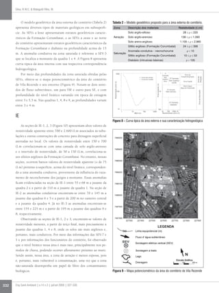 Silva, R.W.C.  Malagutti Filho, W.



           O modelo geoelétrico da área externa do cemitério (Tabela 2)      Tabela 2 – Modelo geoelétrico proposto para a área externa do cemitério.
      apresenta diversos tipos de materiais geológicos em subsuperfí-        Zona                              Descrição dos materiais                                                                Resistividade (Ω.m)
      cie. As SEVs a leste apresentaram estratos geoelétricos caracte-                                         Solo argilo-siltoso                                                                        28 ≤ ρ ≤ 220

      rísticos da Formação Corumbataí, e as SEVs a oeste e ao norte          Aeração                           Solo argilo-arenoso                                                                      138 ≤ ρ ≤ 1.093
                                                                                                               Solo areno-argiloso                                                                     1.100 ≤ ρ ≤ 2.960
      do cemitério apresentaram estratos geoelétricos característicos da
                                                                                                               Siltito argiloso (Formação Corumbataí)                                                     24 ≤ ρ ≤ 398
      Formação Corumbataí e diabásio na profundidade acima de 15
                                                                                                               Anomalia condutiva – necrochorume                                                               ρ  10
      m. A anomalia condutiva na zona saturada é referente a SEV-3           Saturação
                                                                                                               Siltito argiloso (Formação Corumbataí)                                                      10 ≤ ρ ≤ 53
      que se localiza a montante da quadra 1 e 4. A Figura 8 apresenta                                         Diabásio (intrusivas básicas)                                                                  ρ  105
      curva típica da área interna com sua respectiva correspondência
      hidrogeológica.
                                                                                                                                                                          1
           Por meio das profundidades da zona saturada obtidas pelas                  1000                                                                                        1ª
                                                                                                                                                                               Camada                       Zona de
                                                                                                                                                                                                        Evapotranspiração




                                                                                                                                                                                                                             Aeração
                                                                                                                                                                                                                             Zona de
                                                                                                                                  Curva de campo                                 Solo
      SEVs, obteve-se o mapa potenciométrico da área do cemitério                                                                 Curva do modelo                              argiloso 2ª Camada
                                                                                                                                                                                seco Solo argiloso        Zona Capilar




                                                                              Resistividade (ohm.m)
                                                                                                                                                                                            úmido
      de Vila Rezende e seu entorno (Figura 9). Notam-se dois senti-




                                                                                                                                                       Profundidade (m)
                                                                                                                                                                                                           Nível d’água
                                                                                                                                                                                                       (Água de Gravidade)
      dos de fluxo subterrâneo, um para SW e outro para SE, e com                                                                                                                    3ª Camada




                                                                                                                                                                                                                              Zona de Saturação
                                                                                                100                                                                   10           Siltito saturado

      profundidade do nível freático variando em época de estiagem
      entre 3 e 5,5 m. Nas quadras 1, 4, 8 e 9, as profundidades variam
                                                                                                                                                                                        4ª Camada
      entre 3 e 4 m.                                                                                                                                                                     Diabásio

                                                                                                      10                                                       100
                                                                                                           1      10               100          1000                          10     100 1000 10
                                                                                                                       AB/2 (m)                                                Resistividade (ohm.m)
      IE
                                                                             Figura 8 – Curva típica da área externa e sua caracterização hidrogeológica
           As seções de IE-1, 2, 3 (Figura 10) apresentam altos valores de
      resistividade aparente entre 700 e 2.600 Ω.m associados às tubu-
      lações e outras construções de concreto para drenagem superficial
      aterradas no local. Os valores de resistividade entre 150 e 700
      Ω.m correlacionam-se com uma camada de solo argilo-arenoso
      e o intervalo de resistividade, de 50 a 150 Ω.m, correlaciona-se
      aos siltitos argilosos da Formação Corumbataí. No entanto, nessas
      seções, ocorrem baixos valores de resistividade aparente ( de 75
      Ω.m) próximo à superfície, acima do nível freático, corresponden-
      do a uma anomalia condutiva, proveniente da influência do vaza-
      mento de necrochorume dos jazigos a montante. Essas anomalias
      ficam evidenciadas na seção de IE-1 entre 55 e 68 m a jusante da
      quadra 2 e a partir de 110 m a jusante da quadra 1. Na seção de
      IE-2 as anomalias condutivas encontram-se entre 70 e 145 m a
      jusante das quadras 6 e 5 e a partir de 200 m no canteiro central
      e a jusante da quadra 4. Já no IE-3 as anomalias encontram-se
      entre 155 e 225 m e a partir de 195 m a jusante das quadras 9 e
      8, respectivamente.
           Observando as seções de IE-1, 2 e 3, encontram-se valores de
      resistividade menores, a partir do terço final, mais precisamente a
      jusante das quadras 1, 4 e 8, onde os solos são mais argilosos e,
      portanto, mais condutivos. Por meio das informações das SEV-7 e
      1 e por informações dos funcionários do cemitério, foi observado
      que o nível freático nessa área é mais raso, principalmente nos pe-
      ríodos de chuva, podendo ocorrer afloramento próximo ao muro.
      Sendo assim, nessa área, a zona de aeração é menos espessa, pois
      é, portanto, mais vulnerável à contaminação, uma vez que a zona
      não-saturada desempenha um papel de filtro dos contaminantes
      biológicos.                                                            Figura 9 – Mapa potenciométrico da área do cemitério de Vila Rezende



332   Eng Sanit Ambient | v.14 n.3 | jul/set 2009 | 327-336
 