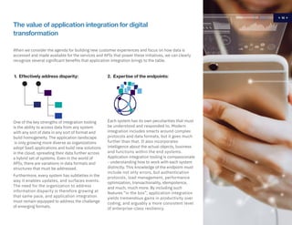 10
2. Expertise of the endpoints:
Each system has its own peculiarities that must
be understood and responded to. Modern
integration includes smarts around complex
protocols and data formats, but it goes much
further than that. It also incorporates
intelligence about the actual objects, business
and functions within the end systems.
Application integration tooling is compassionate
- understanding how to work with each system
distinctly. This knowledge of the endpoint must
include not only errors, but authentication
protocols, load management, performance
optimization, transactionality, idempotence,
and much, much more. By including such
features “in the box”, application integration
yields tremendous gains in productivity over
coding, and arguably a more consistent level
of enterprise-class resiliency.
The value of application integration for digital
transformation
1. Effectively address disparity:
One of the key strengths of integration tooling
is the ability to access data from any system
with any sort of data in any sort of format and
build homogeneity. The application landscape
is only growing more diverse as organizations
adopt SaaS applications and build new solutions
in the cloud, spreading their data further across
a hybrid set of systems. Even in the world of
APIs, there are variations in data formats and
structures that must be addressed.
Furthermore, every system has subtleties in the
way it enables updates, and surfaces events.
The need for the organization to address
information disparity is therefore growing at
that same pace, and application integration
must remain equipped to address the challenge
of emerging formats.
HomeHome 10
When we consider the agenda for building new customer experiences and focus on how data is
accessed and made available for the services and APIs that power these initiatives, we can clearly
recognize several significant benefits that application integration brings to the table.
 