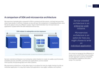 1818
Microservices inevitably gets compared to SOA in architectural discussions, not least because they
share many words in common. However, as you will see, this comparison is misleading at best, since
the terms apply to two very different scopes. Figure 4 demonstrates how microservices are
application-scoped within the SOA enterprise service bus.
Service-oriented architecture is an enterprise-wide initiative to create re-usable, synchronously
available services and APIs, such that new applications can be created
more quickly incorporating data from other systems.
Microservices architecture, on the other hand, is an option for how you might choose to write an
individual application in a way that makes that application more agile, scalable, and resilient.
It’s critical to recognize this difference in
scope, since some of the core principles
of each approach could be completely
incompatible if applied at the same
scope. For example:
A comparison of SOA and microservice architecture
Figure 4. SOA is enterprise scoped, microservices architecture is application scoped
Home
Service-oriented
architecture is an
enterprise-wide
initiative.
Microservices
architecture is an
option for how you
might choose to write
an
individual application.
 