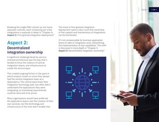 24Home 24
Breaking the single ESB runtime up into many
separate runtimes, each containing just a few
integrations is explored in detail in “Chapter 4:
Aspect 1: Fine grained integration deployment”
A significant challenge faced by service-
oriented architecture was the way that it
tended to force the creation of central
integration teams, and infrastructure to
create the service layer.
This created ongoing friction in the pace at
which projects could run since they always
had the central integration team as a
dependency. The central team knew their
integration technology well, but often didn’t
understand the applications they were
integrating, so translating requirements
could be slow and error prone.
Many organizations would have preferred
the application teams own the creation of their
own services, but the technology and
infrastructure of the time didn’t enable that.
Aspect 2:
Decentralized
integration ownership
The move to fine-grained integration
deployment opens a door such that ownership
of the creation and maintenance of integrations
can be distributed.
It’s not unreasonable for business application
teams to take on integration work, streamlining
the implementation of new capabilities. This shift
is discussed in more depth in “Chapter 5:
Aspect 2: Decentralized integration ownership”.
 
