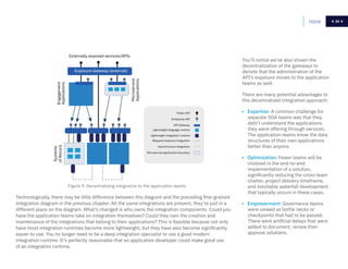 34Home 34
Figure 9: Decentralizing integration to the application teams
Technologically, there may be little difference between this diagram and the preceding fine-grained
integration diagram in the previous chapter. All the same integrations are present, they’re just in a
different place on the diagram. What’s changed is who owns the integration components. Could you
have the application teams take on integration themselves? Could they own the creation and
maintenance of the integrations that belong to their applications? This is feasible because not only
have most integration runtimes become more lightweight, but they have also become significantly
easier to use. You no longer need to be a deep integration specialist to use a good modern
integration runtime. It’s perfectly reasonable that an application developer could make good use
of an integration runtime.
You’ll notice we’ve also shown the
decentralization of the gateways to
denote that the administration of the
API’s exposure moves to the application
teams as well.
There are many potential advantages to
this decentralized integration approach:
• Expertise: A common challenge for
separate SOA teams was that they
didn’t understand the applications
they were offering through services.
The application teams know the data
structures of their own applications
better than anyone.
• Optimization: Fewer teams will be
involved in the end-to-end
implementation of a solution,
significantly reducing the cross-team
chatter, project delivery timeframe,
and inevitable waterfall development
that typically occurs in these cases.
• Empowerment: Governance teams
were viewed as bottle necks or
checkpoints that had to be passed.
There were artificial delays that were
added to document, review then
approve solutions.
Microservice application boundary
Asynchronous integration
Request/response integration
Lightweight integration runtime
API Gateway
Lightweight language runtime
Enterprise API
Public API
Systems
ofRecordEngagement
Applications
Microservice
Applications
Externally exposed services/APIs
Exposure Gateway (external)
 