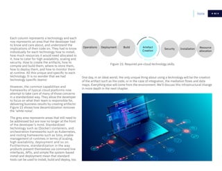 44Home 44
Operations Deployment Build Artefact
Creation
Security Installation Resource
allocation
One day, in an ideal world, the only unique thing about using a technology will be the creation
of the artifact such as the code, or in the case of integration, the mediation flows and data
maps. Everything else will come from the environment. We’ll discuss this infrastructural change
in more depth in the next chapter.
Each column represents a technology and each
row represents an area that the developer had
to know and care about, and understand the
implications of their code on. They had to know
individually for each technology how to install,
how much resources it would need allocated to
it, how to cater for high availability, scaling and
security. How to create the artifacts, how to
compile and build them, where to store them,
how to deploy them, and how to monitor them
at runtime. All this unique and specific to each
technology. It is no wonder that we had
technology specific teams!
However, the common capabilities and
frameworks of typical cloud platforms now
attempt to take care of many of those concerns
in a standardized way. They allow the developer
to focus on what their team is responsible for,
delivering business results by creating artifacts!
Figure 15 shows how decentralization removes
the ‘white noise’.
The grey area represents areas that still need to
be addressed but are now no longer at the front
of the developer’s mind. Standardized
technology such as (Docker) containers, and
orchestration frameworks such as Kubernetes,
and routing frameworks such as Istio, enable
management of runtimes in terms of scaling,
high availability, deployment and so on.
Furthermore, standardization in the way
products present themselves via command line
interfaces, APIs, and simple file system-based
install and deployment mean that standard
tools can be used to install, build and deploy, too.
Figure 15: Required pre-cloud technology skills.
 