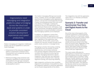 67
Modern messaging and integration middleware
brings a new set of capabilities to overcome
these challenges:
• Enhancement of the enterprise integration
platform components to embrace cloud
characteristics such as elasticity, security,
scalability, and others.
• Multicloud strategy using connection and
integration capabilities on external vendor
cloud platforms through open standards
to use best-in-class capabilities and avoid
vendor/platform lock-in.
The modern messaging offering must provide
robust, scalable, secure, and highly available
asynchronous messaging to allow applications,
systems, and services to exchange data through
a queue, providing guaranteed once-and-once-
only delivery of messages, enabling the
business to focus on the applications rather
than technical infrastructure. Ultimately, a high
quality distributed messaging capability allows
the application to become portable to wherever
that messaging capability can be deployed.
In addition, an integration runtime then
simplifies how different applications and
business processes interact with the messaging
layer regardless of the application type
(for example, off-the-shelf, custom-built,
software as a service), location (private cloud,
public cloud), protocol, or message format.
Messaging is all about decoupling; isolating
components from one another to reduce
dependencies, and increase resilience.
Fine-grained integration deployment further
increases that resilience by ensuring that
wherever messaging interactions require
integration, they have their own dedicated
containers performing that work, reducing
regression testing, and improving reliability.
Agile integration architecture also simplifies
migration to and between cloud platforms since
the integrations relevant to a particular application
can be moved independently of the others.
The integrations live with the application
rather than in an inflexible centralized
infrastructure.
Home 67
Organizations need
messaging and integration
platforms adept at bridging
across the cloud and
back-end systems in order
to provide consistent
solution development
experiences and speed
productivity.
Scenario 3: Transfer and
Synchronize Your Data
and Digital Assets to the
Cloud
One of the most critical aspects of the
customer experience is responsiveness
and ease. We live in a “now world” where
businesses and consumers expect instant
access to the information they need.
The technical difficulty of providing
reliable and secure access to this data
does not concern them. Regardless of the
communication channel, distance, or
device, they expect timely and reliable
information and action whenever they
interact with your organization.
This need creates difficulties for
organizations on several fronts. An obvious
one is the delivery of any size, number, or
type of digital asset to anywhere. Today,
data size, transfer distance, and network
conditions still greatly impact the speed
and reliability that customers will get
versus what they expect. This dilemma
has become chronic as more industries
become data-driven and operations
expand globally.
 