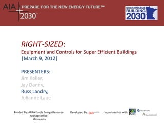 RIGHT-SIZED:
     Equipment and Controls for Super Efficient Buildings
     |March 9, 2012|

     PRESENTERS:
     Jim Keller,
     Jay Denny,
     Russ Landry,
     Julianne Laue

Funded By: ARRA Funds Energy Resource   Developed By:   In partnership with:
            Manage office
              Minnesota
 