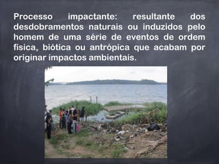 Processo impactante: resultante dos
desdobramentos naturais ou induzidos pelo
homem de uma série de eventos de ordem
física, biótica ou antrópica que acabam por
originar impactos ambientais.
 