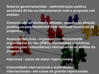 Setores governamentais - administração pública
envolvida direta ou indiretamente com a proposta sob
análise;
Comunidade diretamente afetada - população afetada
positiva ou negativamente pela eventual execução da
proposta;
Associações civis - organizações formalmente
organizadas ou não (ONGs, sociedades científicas,
associações comunitárias) interessadas na análise da
proposta;
Imprensa - casos de maior repercussão;
Comunidade internacional e autoridades
internacionais - em casos de grande repercussão.
 